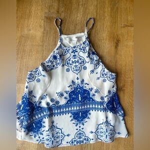 Lovers + Friends Blue White Tile Print Open Back Tank Top Sz S Boho Festival
